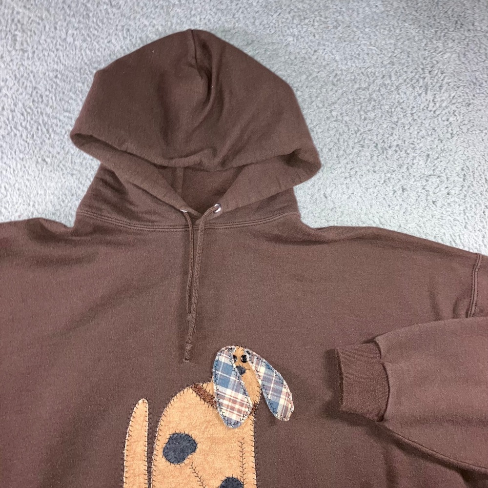 Vtg Jerzees Dog Applique Hoodie Unisex 3XL Brown Indie Retro Oversized Pullover
